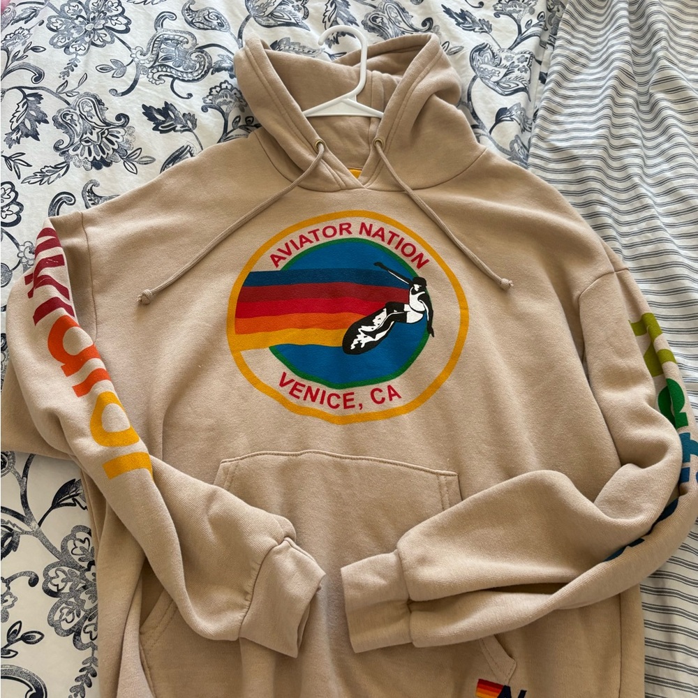 Aviator Nation Beige Hoodie with Colorful Logo